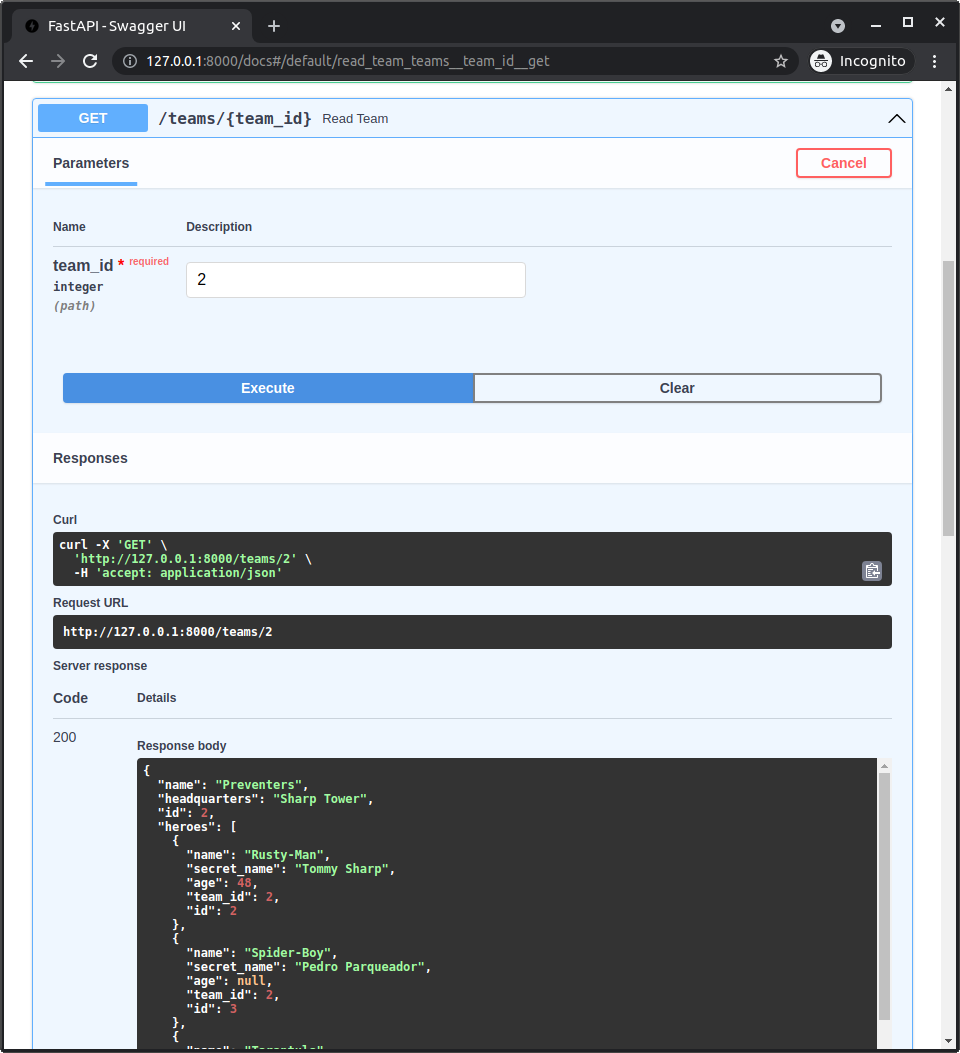 Interactive API docs UI getting a single team with the list of heroes